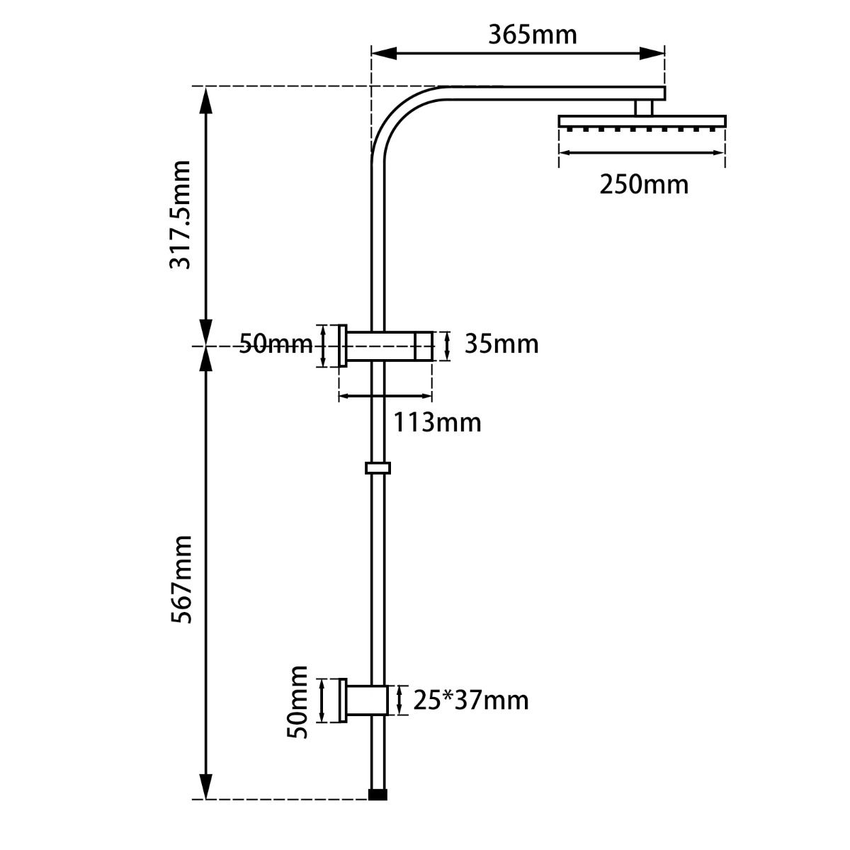 10" Square Black Shower Station Top Water Inlet