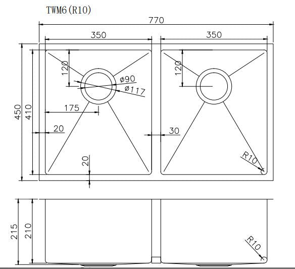 770*450*215mm Hand-made Double Bowl Kitchen Sink