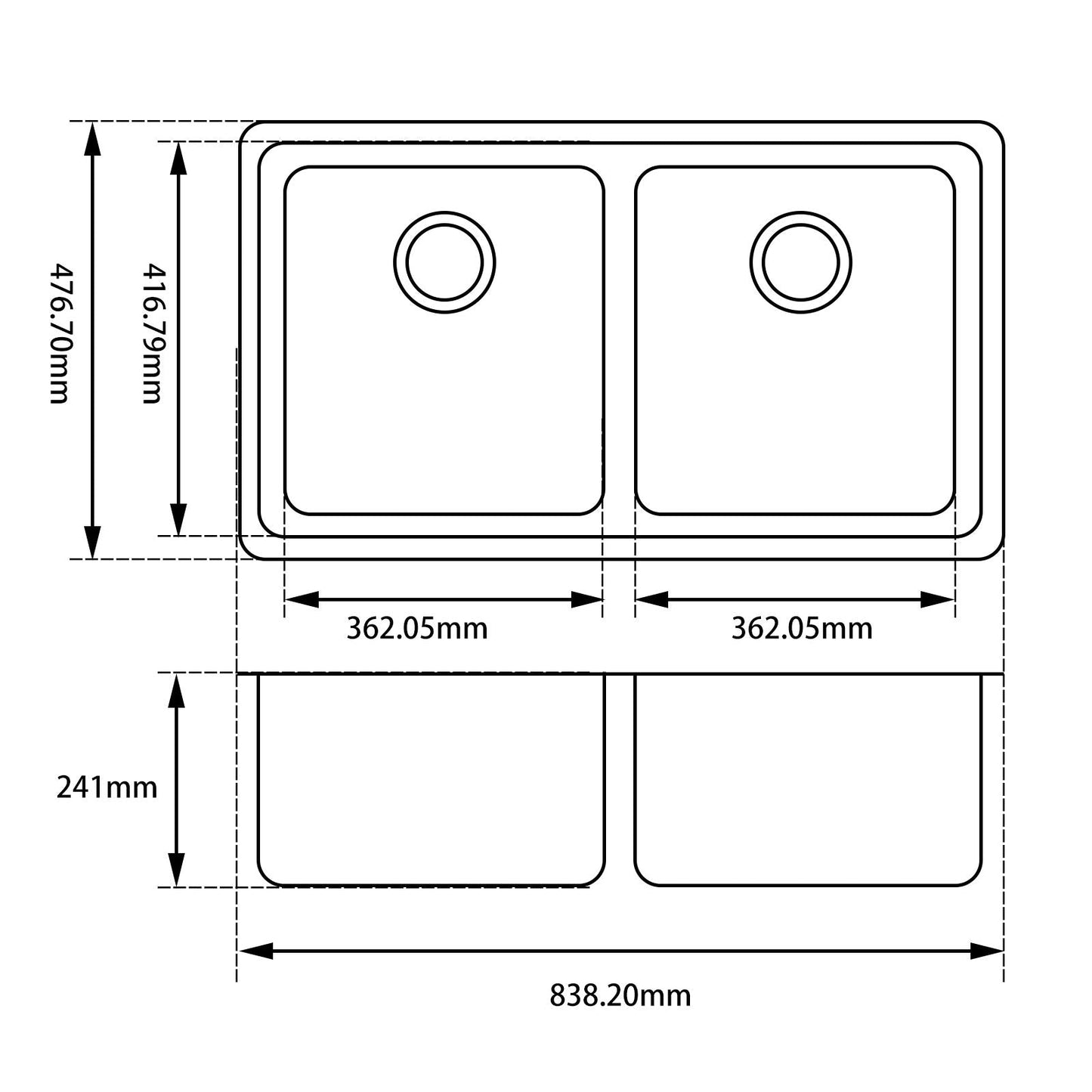Black Kitchen Sink Granite Stone Under Mount Double Bowls 838*476*241mm