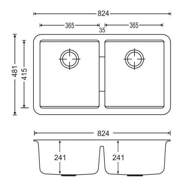 824 x 481 x 241mm Carysil CG2B3322 Double Bowls Granite Undermount Kitchen Sink